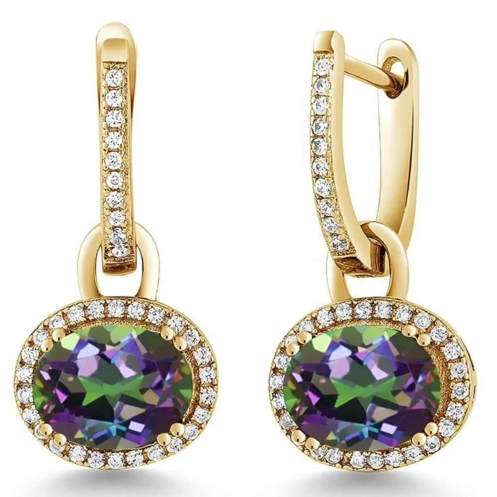 18K Yellow Gold 925 with 4.44 Cttw Green Mystic Topaz Oval French Lock Earrings